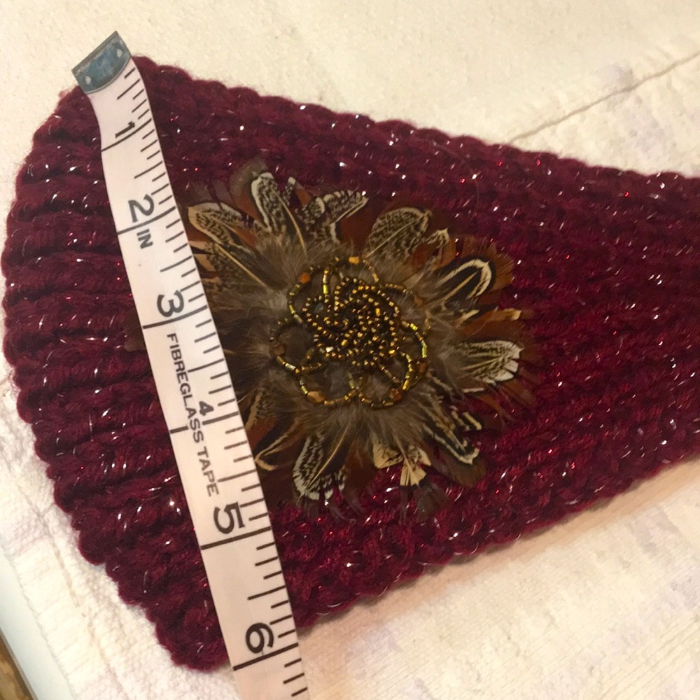 Burgundy Metallic Knit Wide Headband/Hat with Feather & Beaded Accent - Picture 8 of 10